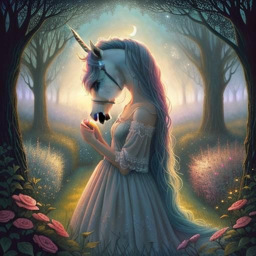 Ethereal Unicorn in Garden, Dreamlike Drawing