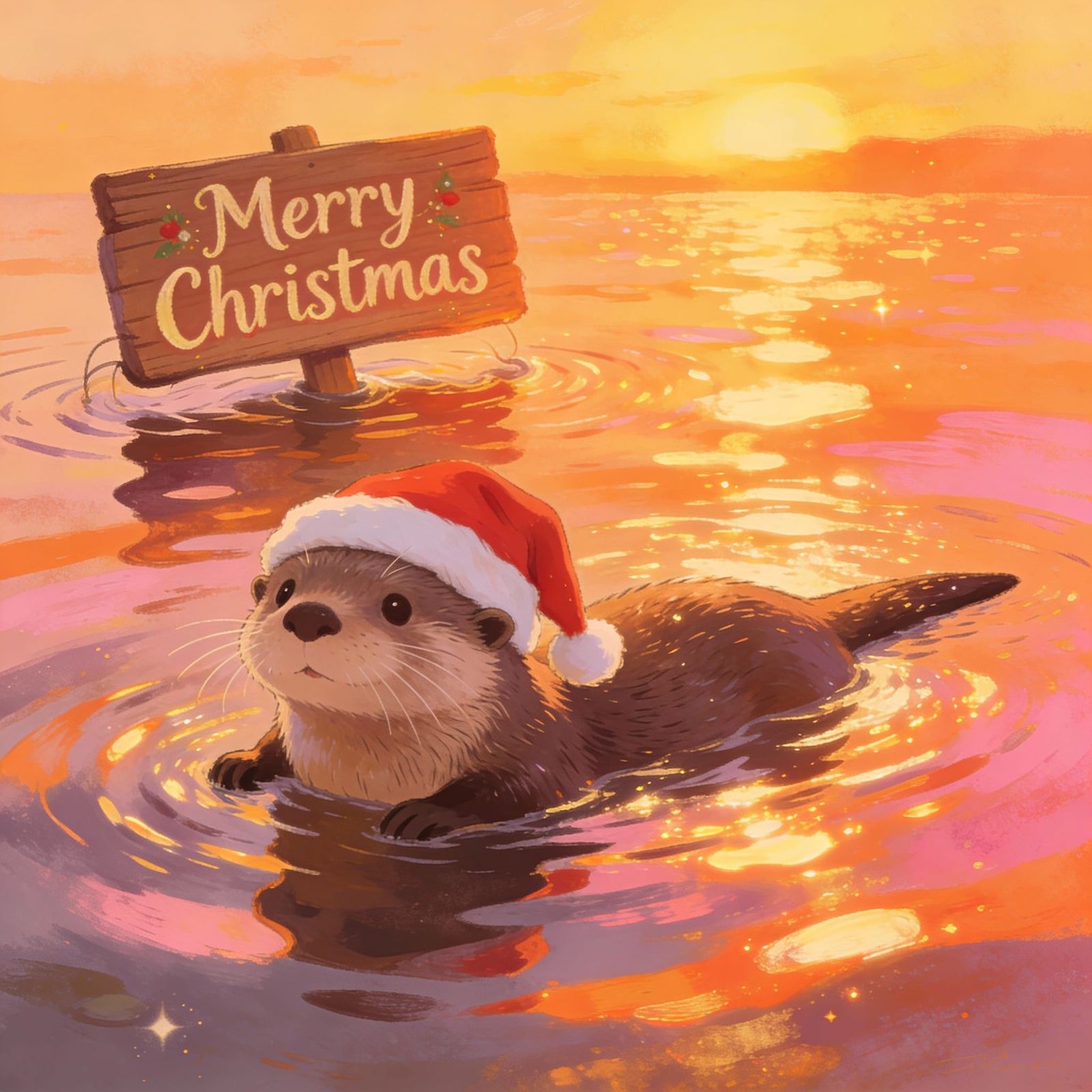 Whimsical Otter Swims in Golden Hour Sunset