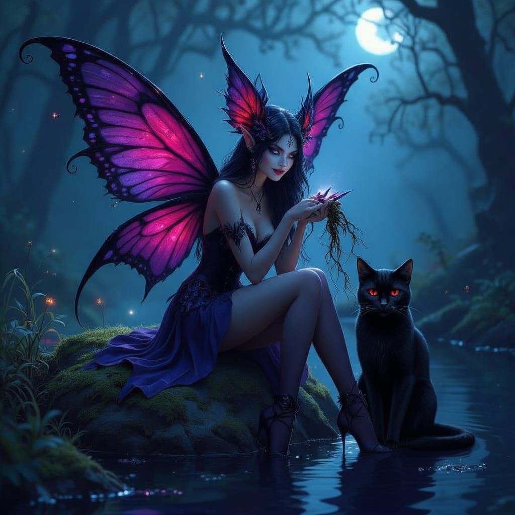 Dark Fairy with Mandrake by Moonlit Pond