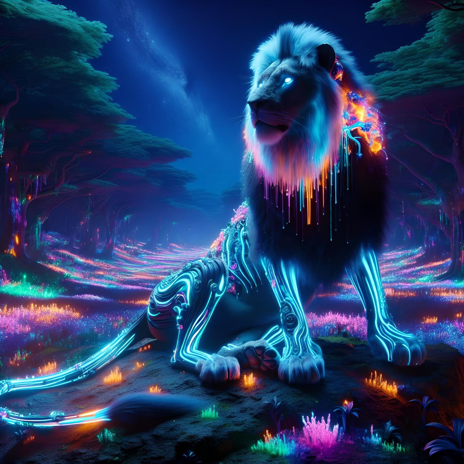 Bioluminescent Lion Overlooking a Neon Safari
