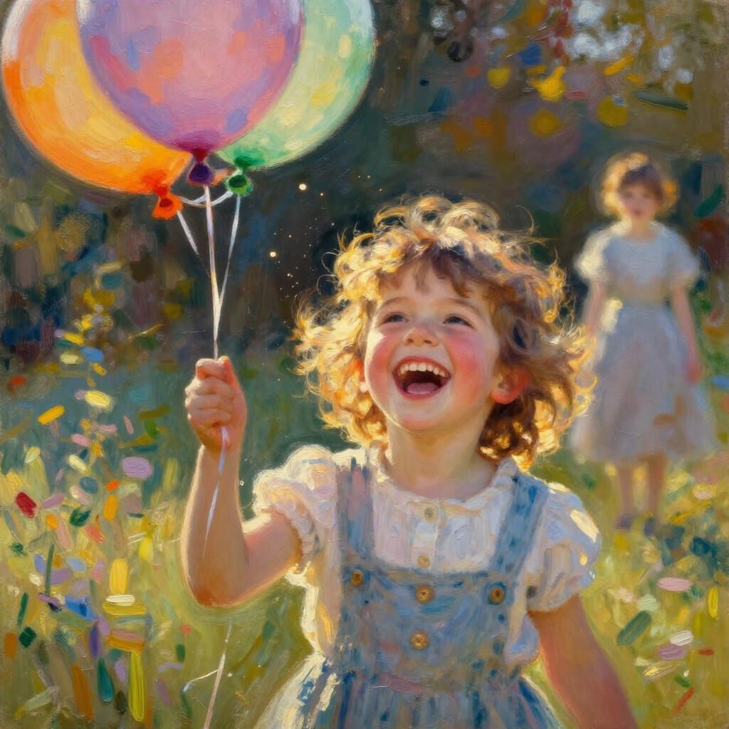 Joyful Child Laughing with Balloon in Golden Hour Light