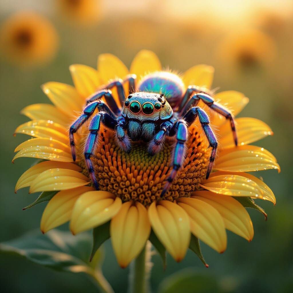 Giant Iridescent Spider on Sunflower, Hyperrealism