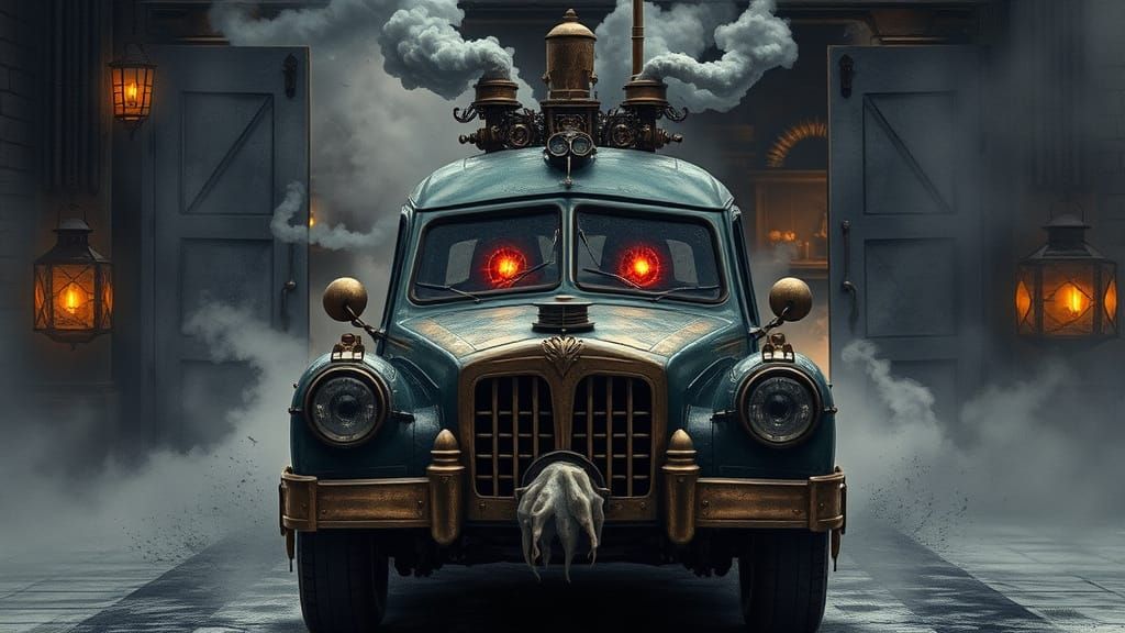 Steampunk Hearse Exploding from Infernal Laboratory
