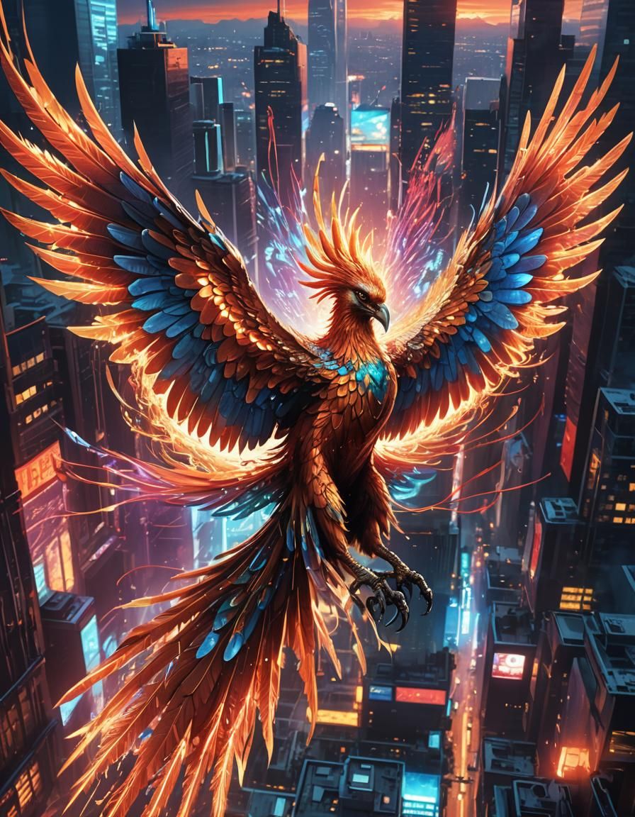 Cyberpunk Phoenix Soaring Over Future Cityscape