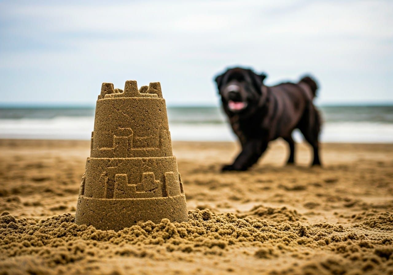 Newfoundland Dog Photobombing a Sandcastle