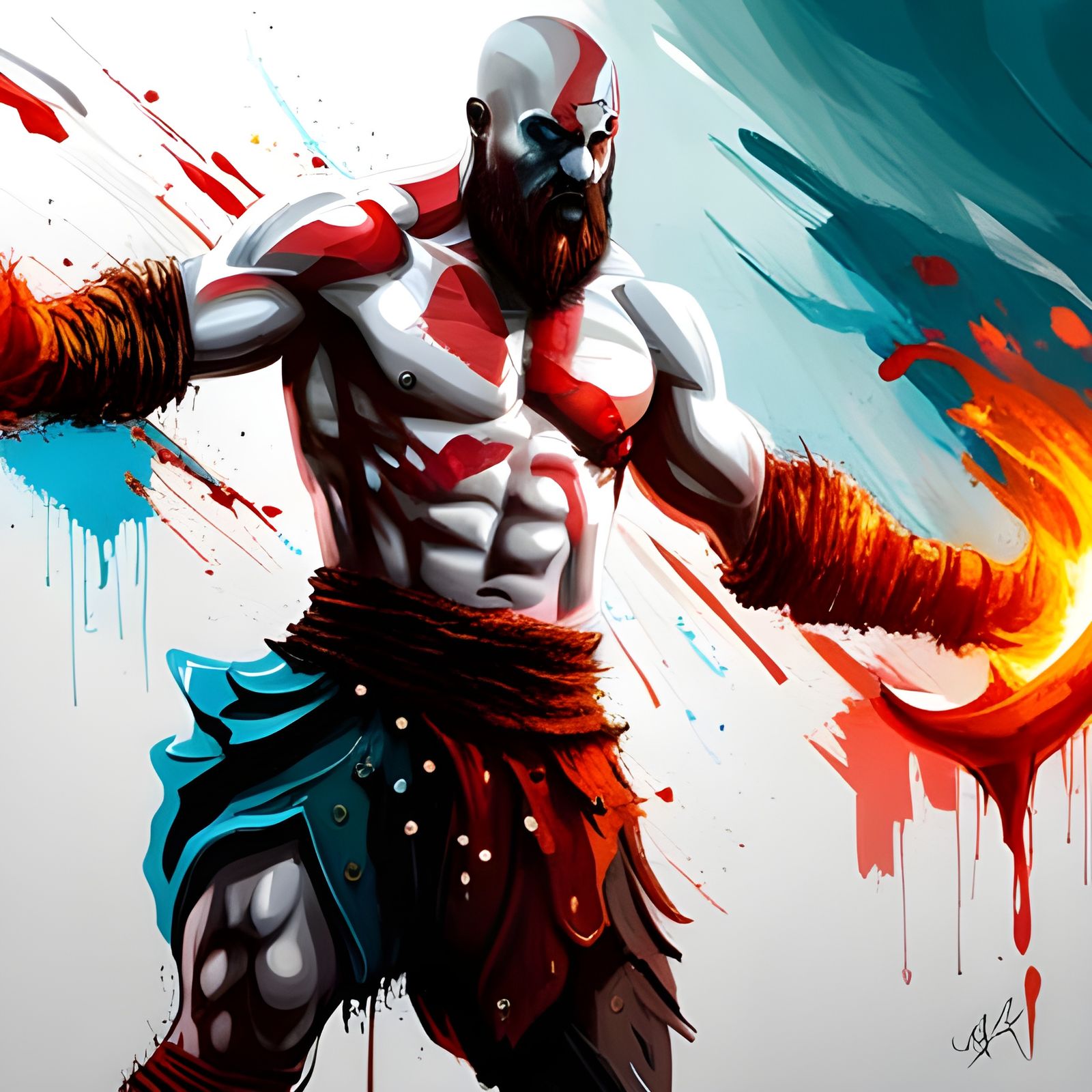 Kratos Battles Demon in Graffiti Art Style