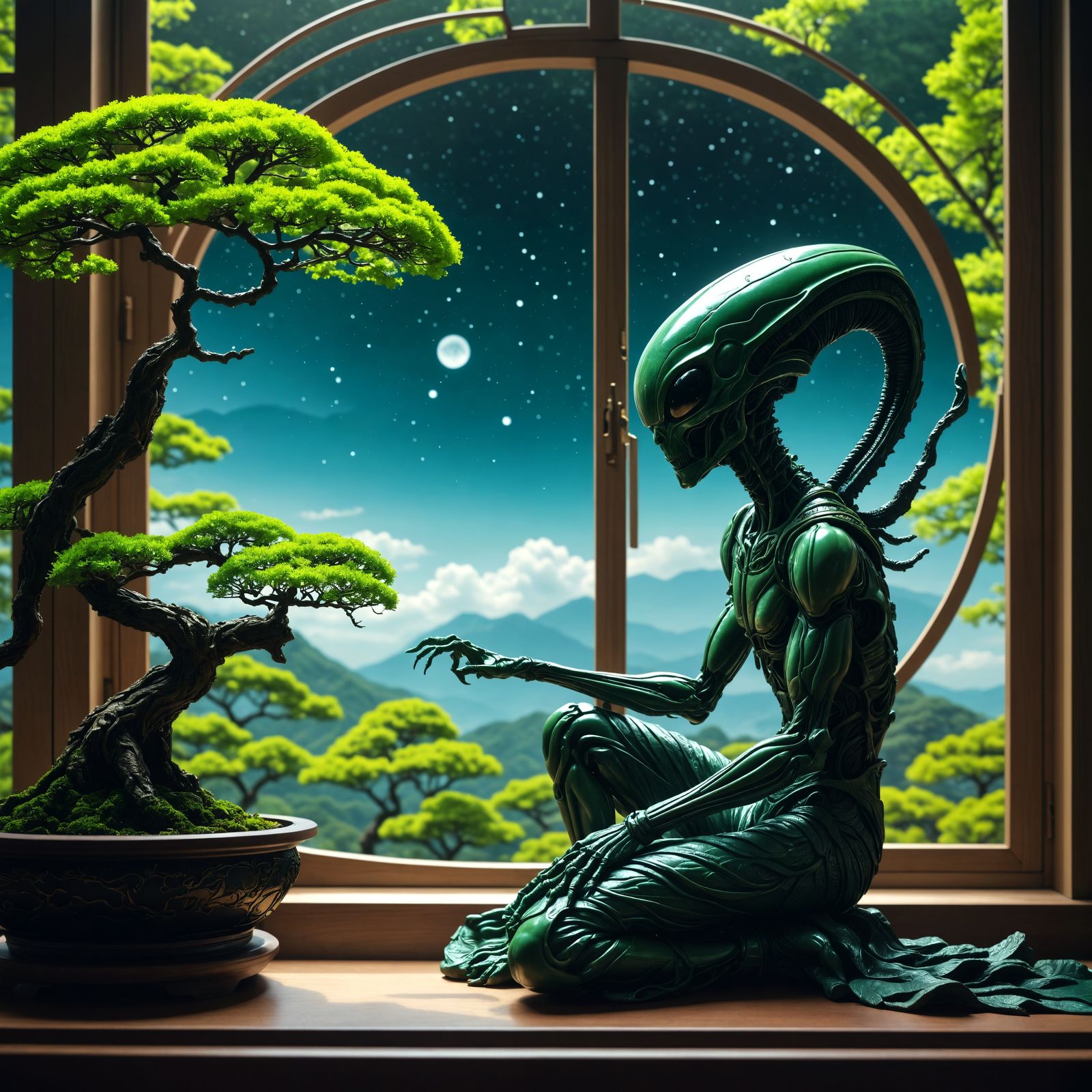 Alien Trimming Bonsai Tree in Japanese Window