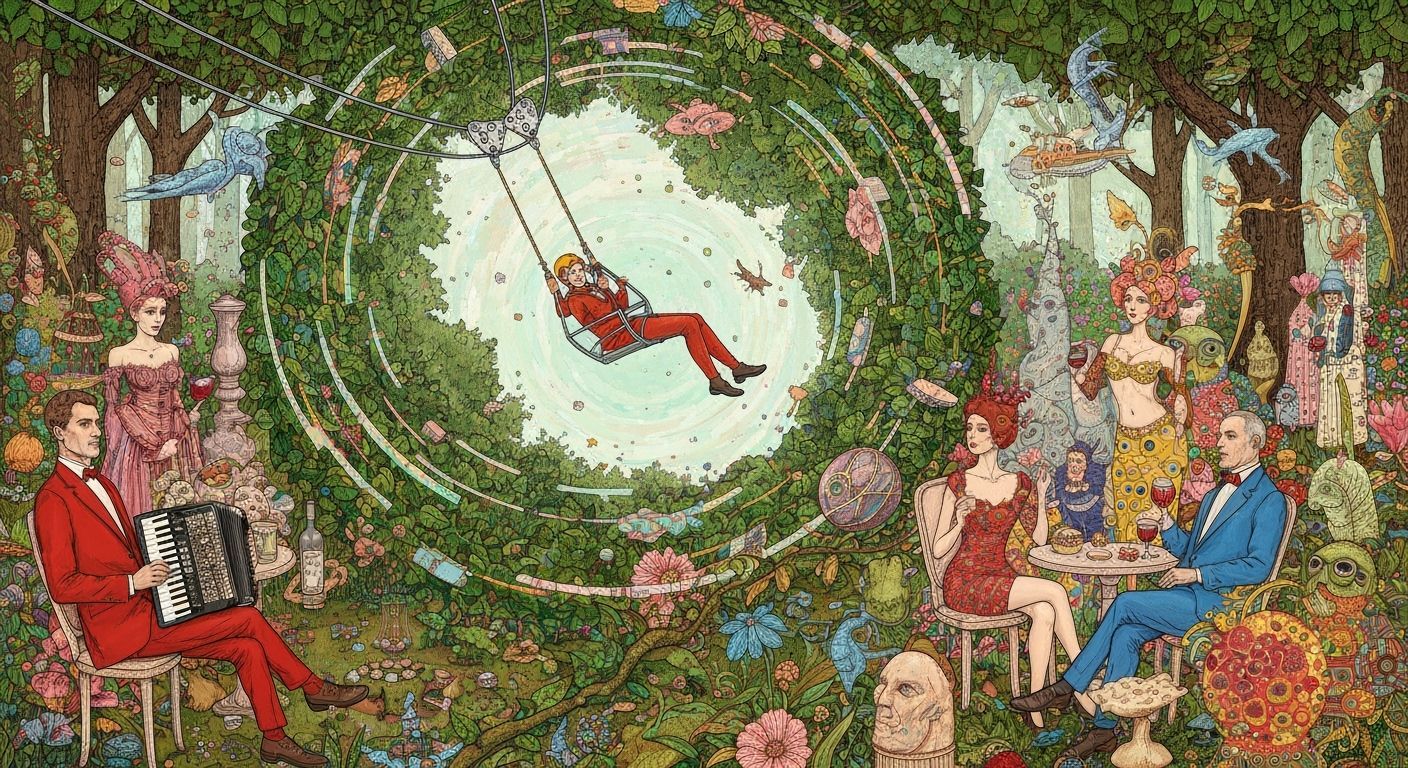 Zipliner Descending into Jungle Vortex: Digital Art