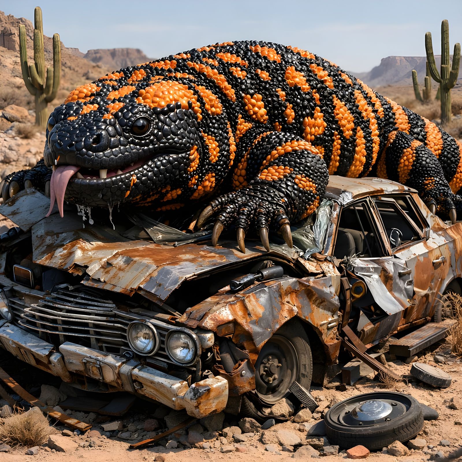 Giant Gila Monster on Crushed Car in Desert