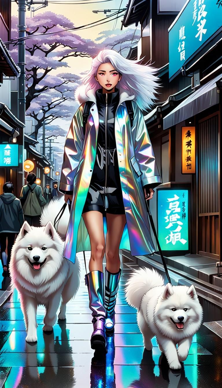 Dog walker in holo raincoat