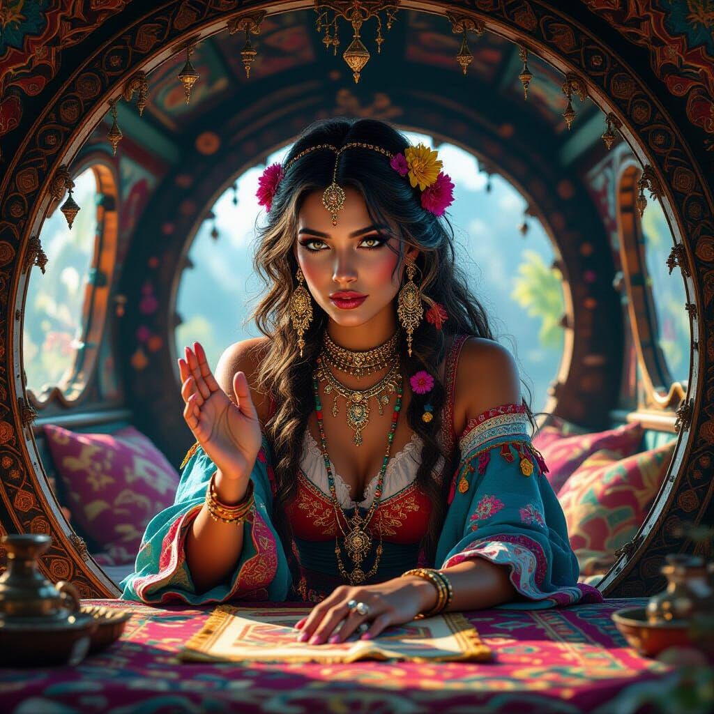 Gypsy Palm Reader in Fantastical Caravan