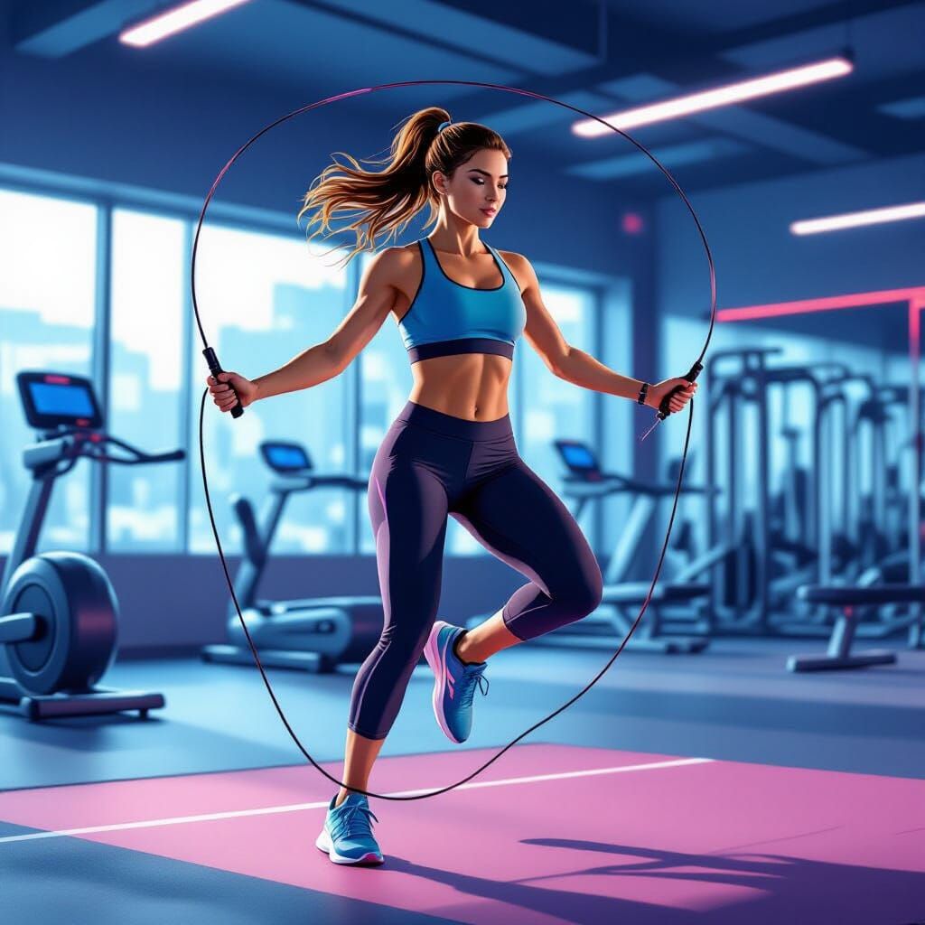 Athletic Woman Skipping Rope in Modern Gym
