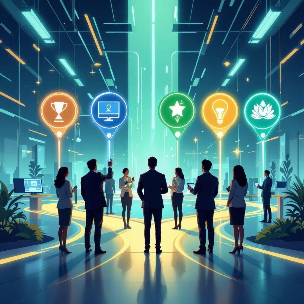 Diverse Professionals Choose Paths in Futuristic Office