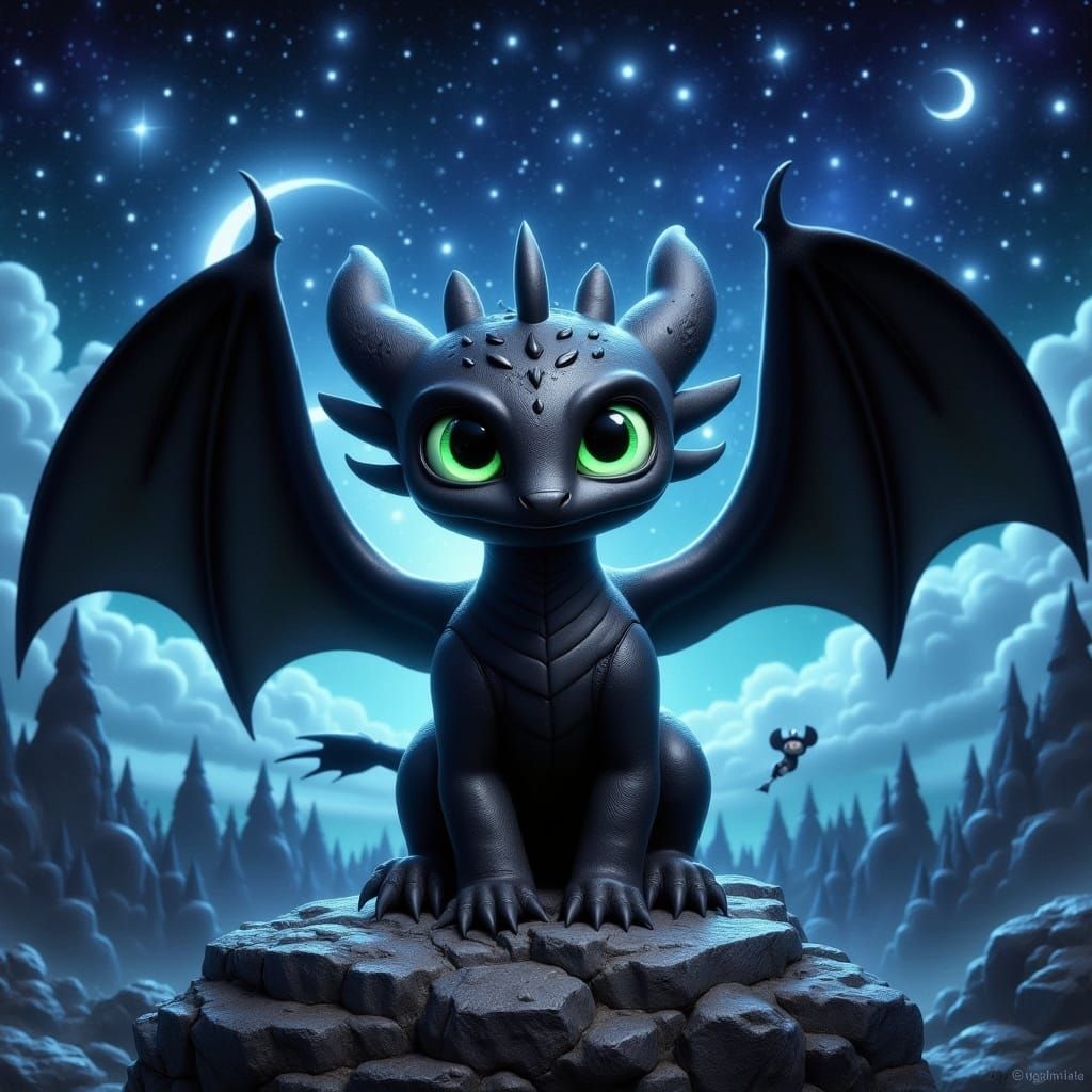 Toothless on Rocky Outcrop Under Moonlight
