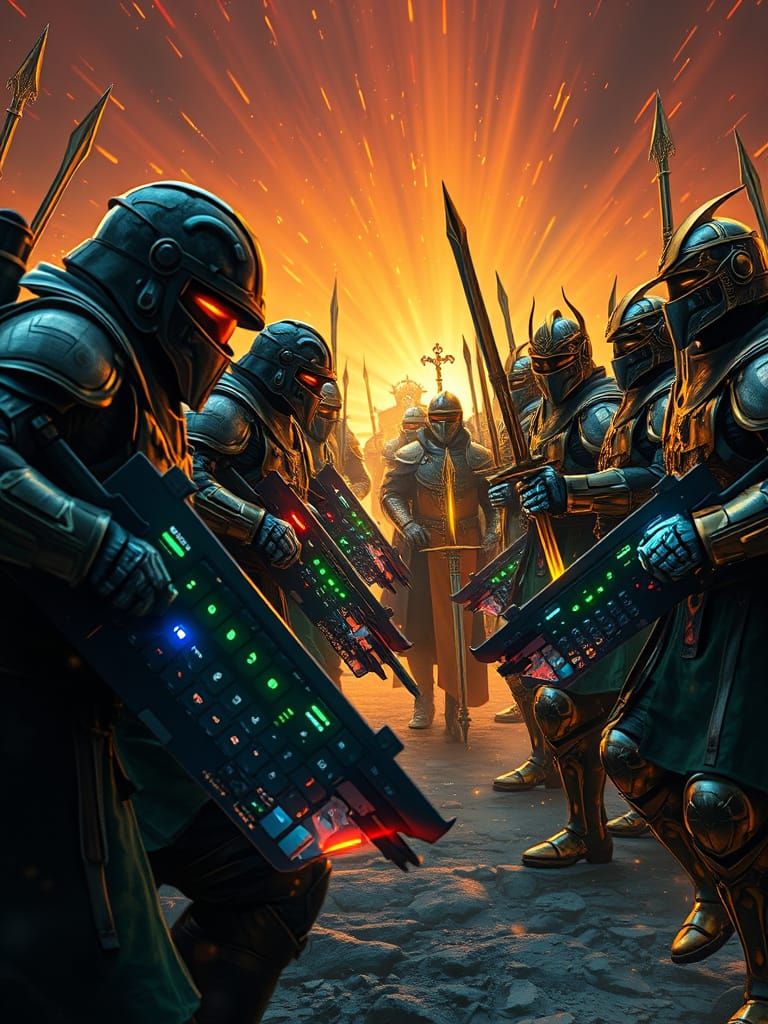 Armored Knights Clash with Keyboards in Bioluminescent Light