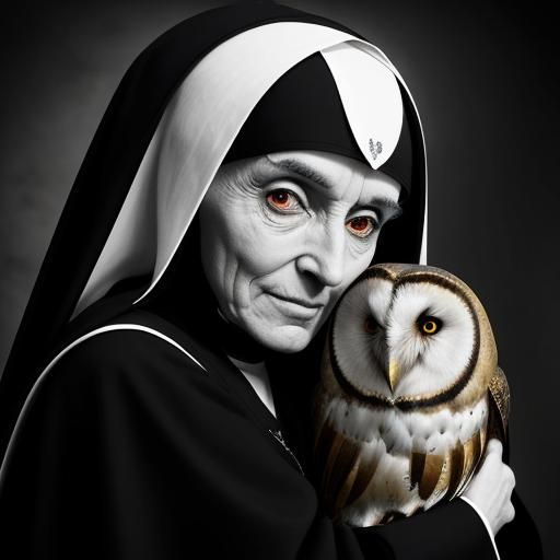 Sinister Nun Hugging Barn Owl: Black and White Photorealism
