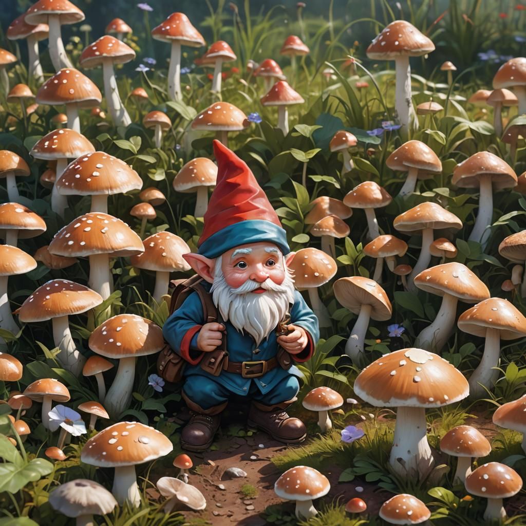 Gnome Inspects Mushroom Field in 3D Anime Art