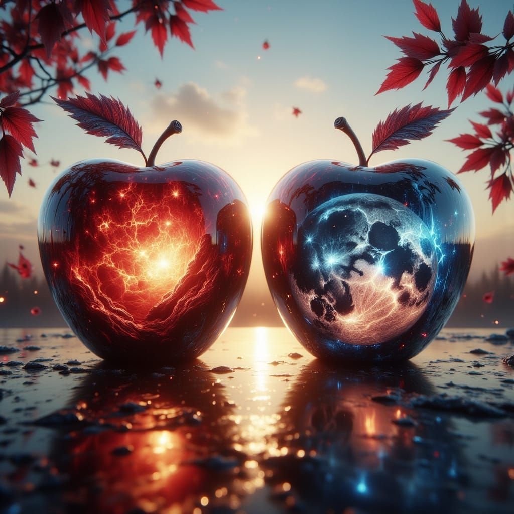 Hyper-Realistic Glass Apples Containing Sun and Moon