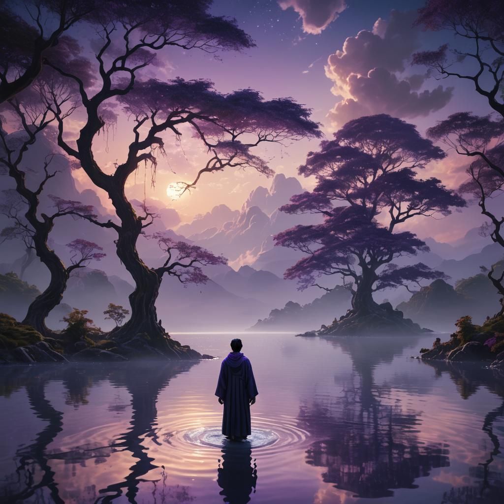 Lone Figure in Dreamlike Fantasy Landscape