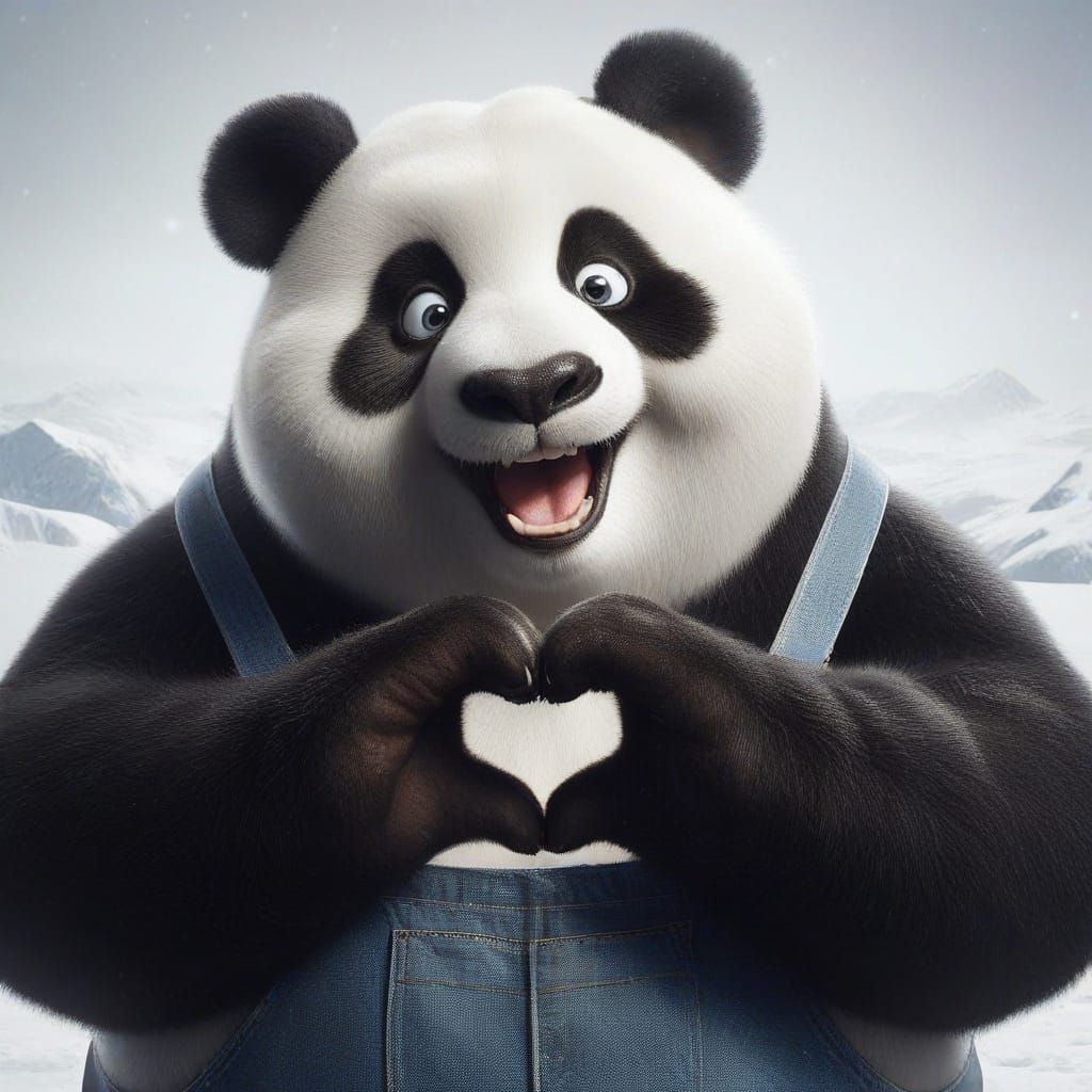 Adorable Panda Bear in Overalls Makes a Heart with His Paws