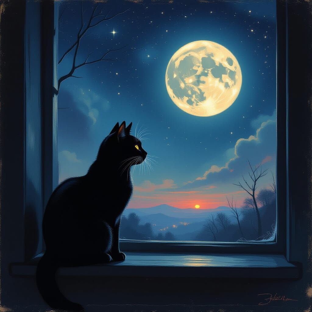 Impressionist Cat Gazes at Nebula Under Full Moon