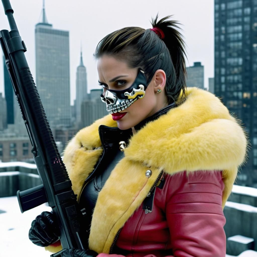 Dystopian Action Scene with Armored Figure on Snowy Rooftop