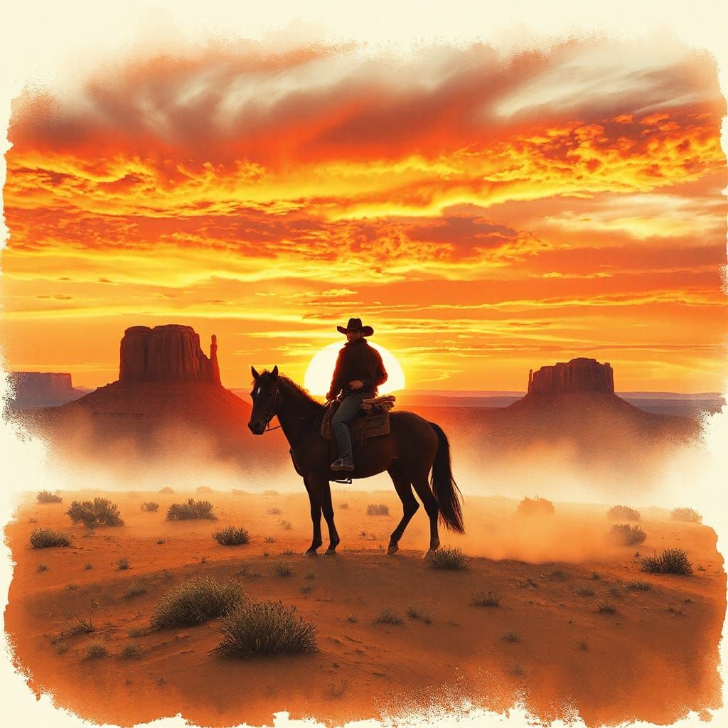 Lone Cowboy Rides into Fiery Desert Sunset