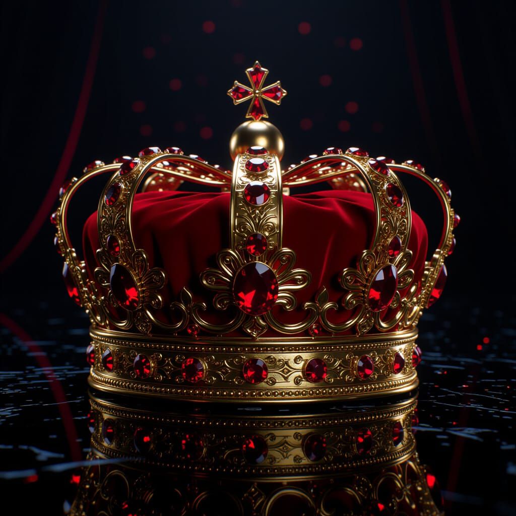 Ornate Golden Crown with Crimson Gems and Sinister Emblem
