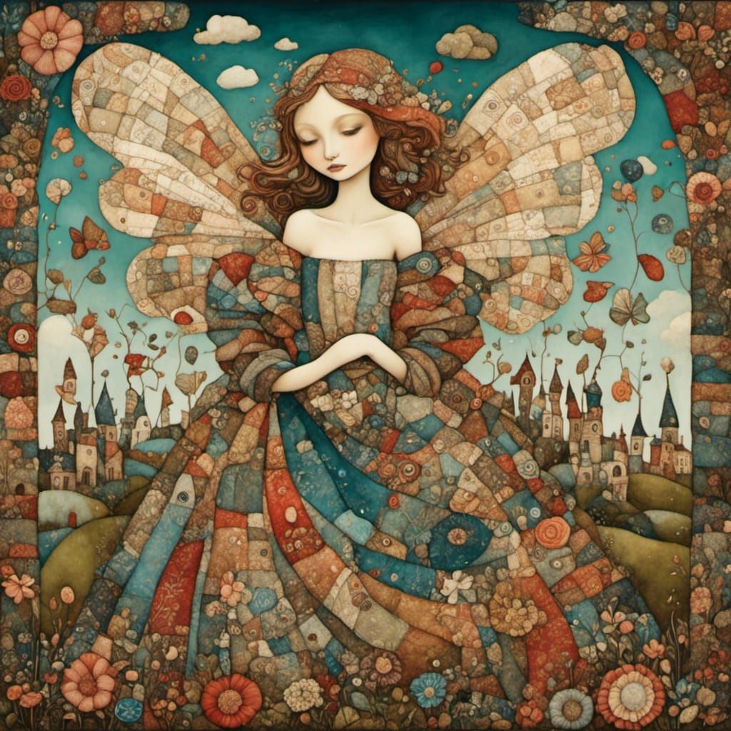 Surreal Patchwork Angel in Storybook Style