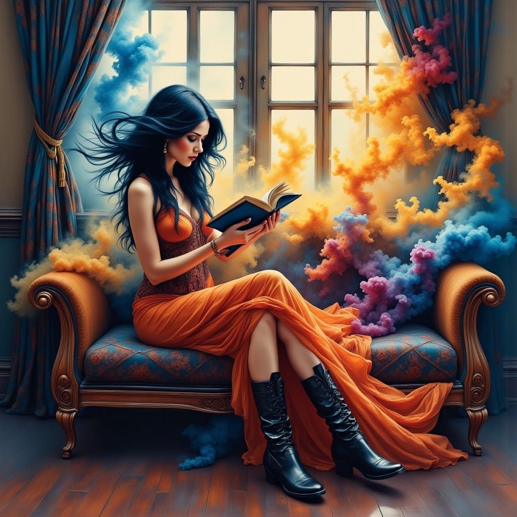 Woman Reading by Sunset in Energetic Ink Splash Style