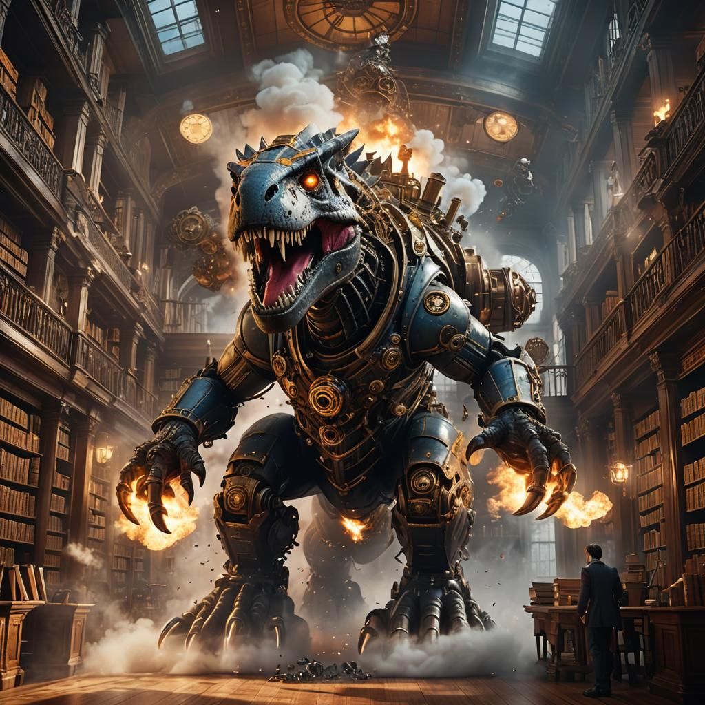 Steampunk T-Rex Unleashed in Library Aisle