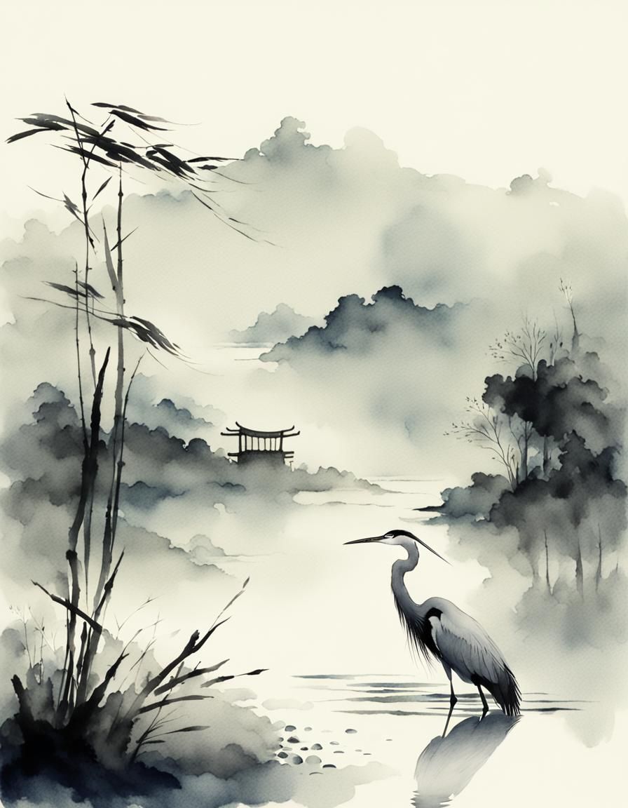 Elegant Heron in Misty Lake: Chinese Watercolor