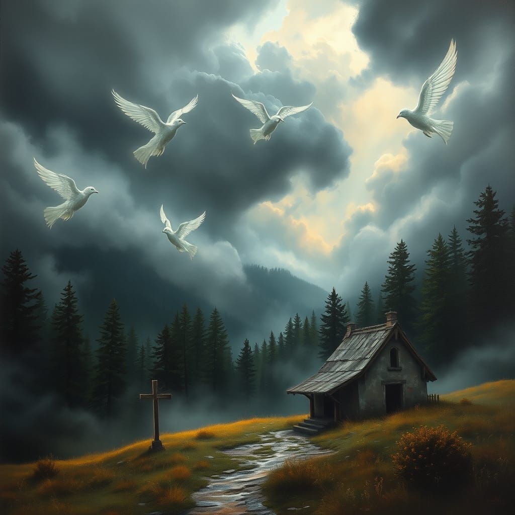 Gothic Romanticism Women Emerging from Mist in a Balkan Vall...