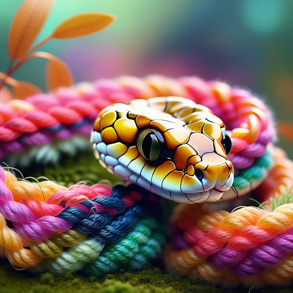 Adorable Fluffy String Snake on Moss in Pastel Colors