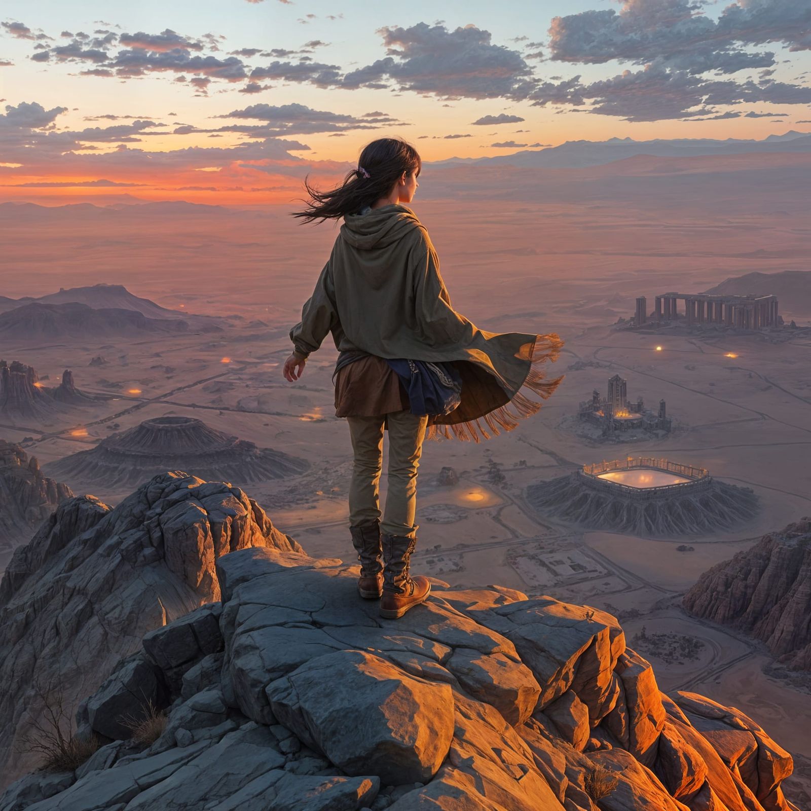 Lone Hiker at Twilight: Hyperrealistic Anime Landscape