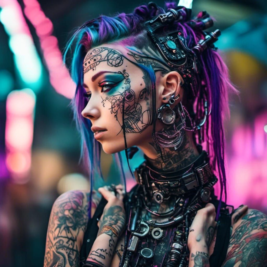 Cybergoth Woman with Tattoos and Body Modifications