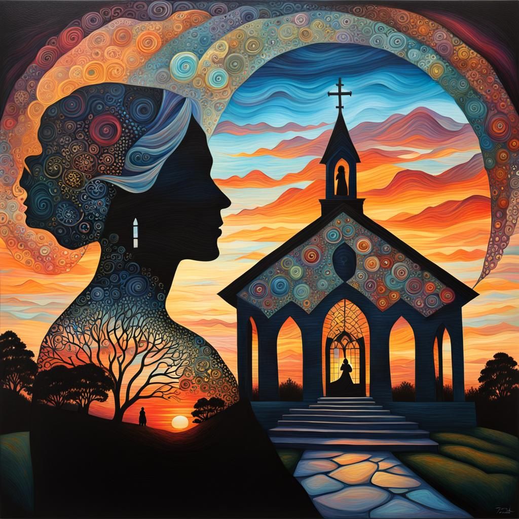 Double Exposure Oil Painting: Bride in Chapel
