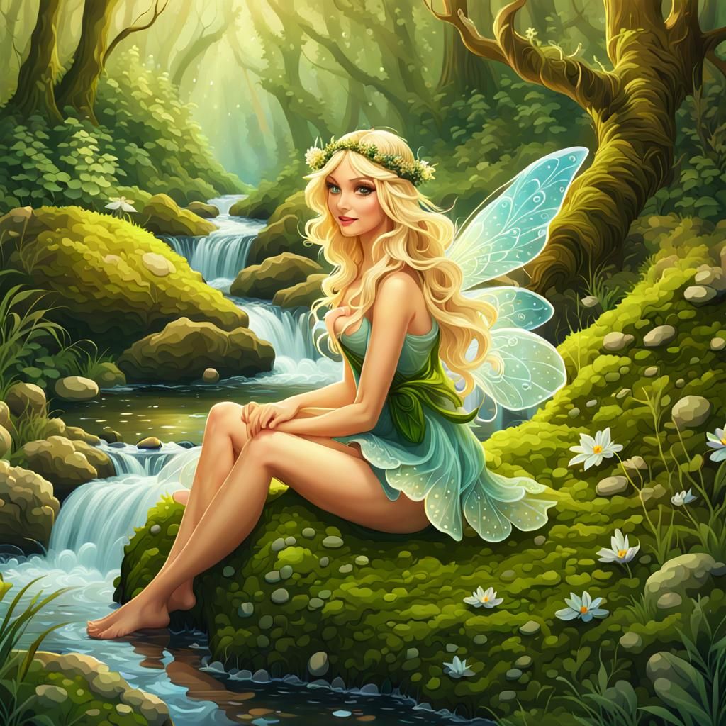 Blonde Fairy on Forest Rock, Digital Art Illustration