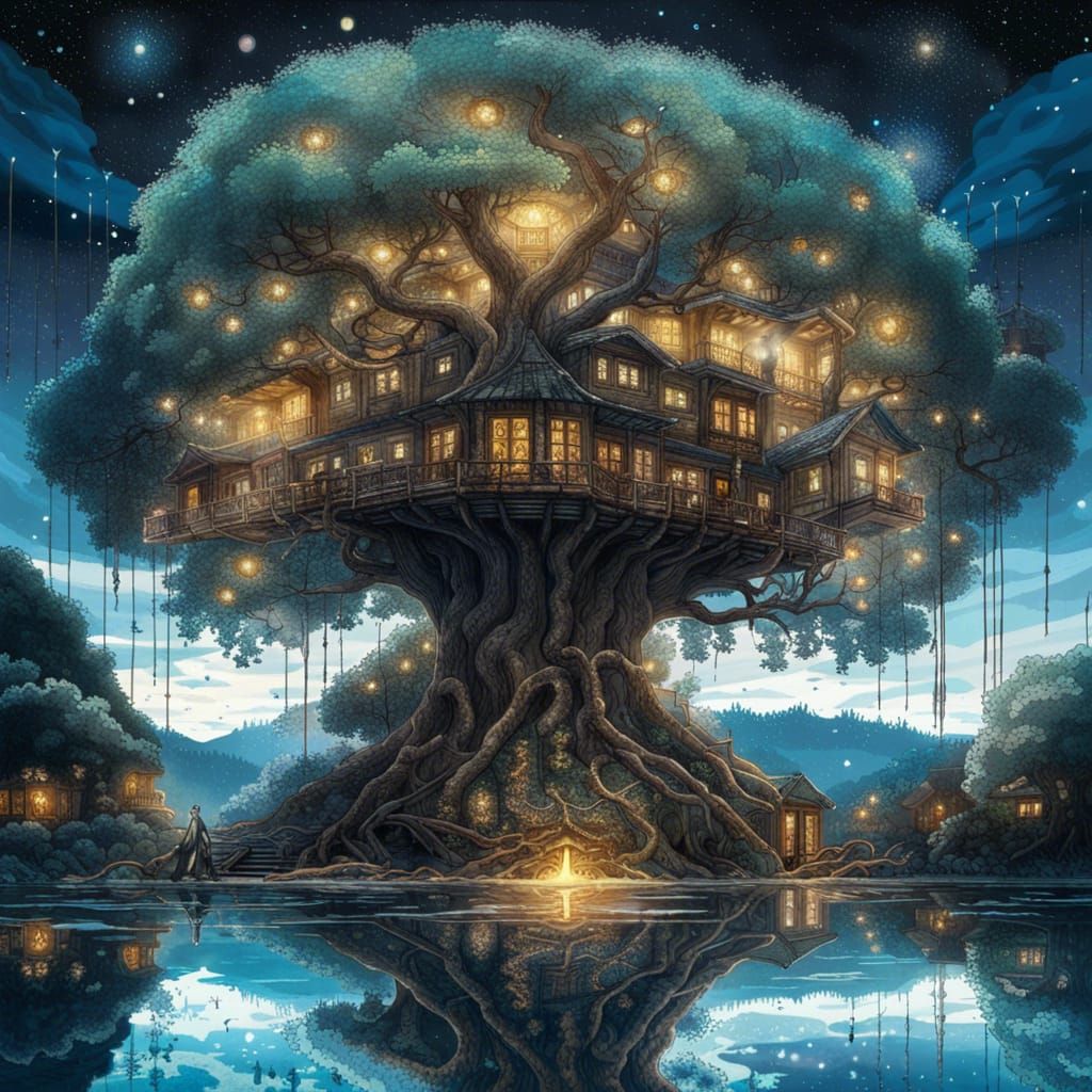 Enormous Magic Tree of Life at Night