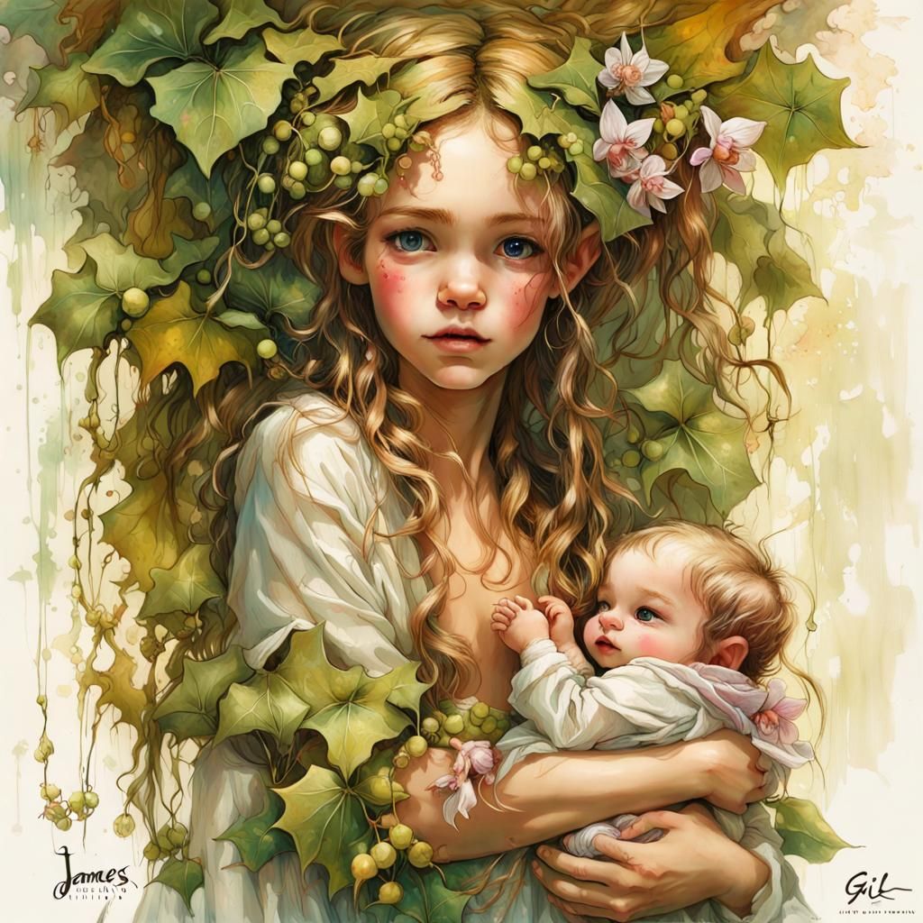Elf Girl Holding Baby Doll with Autumnal Accents