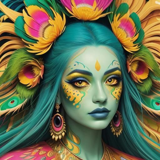 Dragon Peacock Woman Portrait in Surreal Style