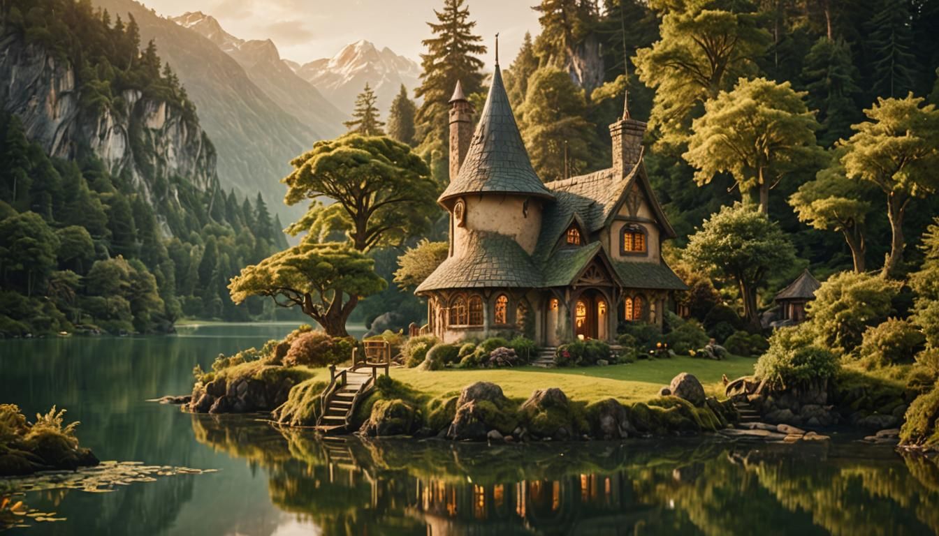 Ethereal Elven Cottage in Mountain Lake