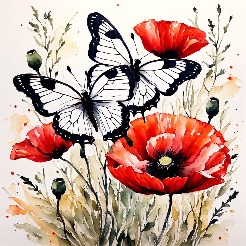 Butterflies and Poppies in Impressionist Watercolour