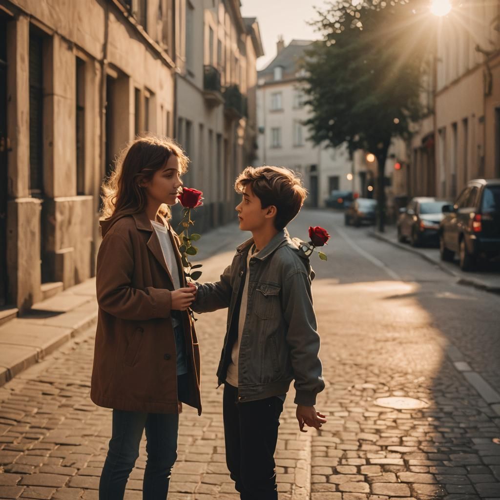 Romantic Film Still: Boy with Rose in Empty Street
