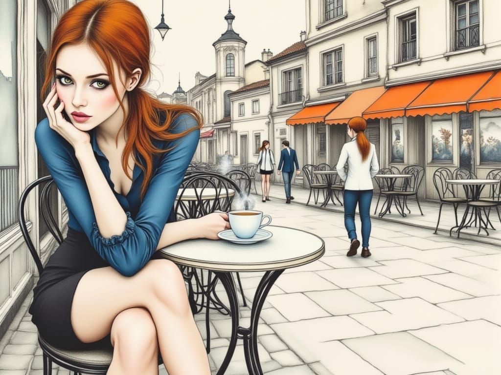 Surreal Café Encounter in Moody Urban Setting