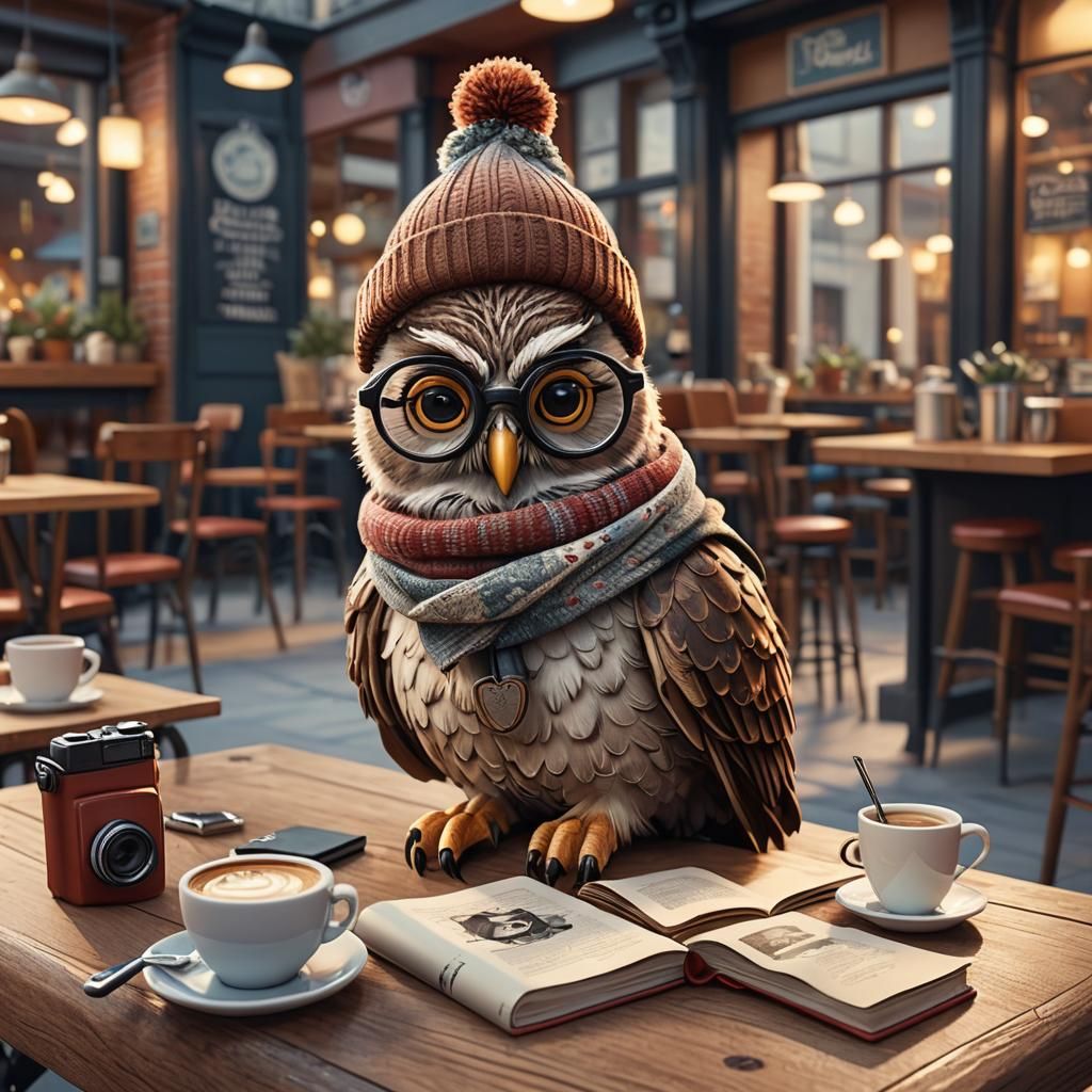 Hipster Owl in Cafe: Whimsical 3D Digital Art