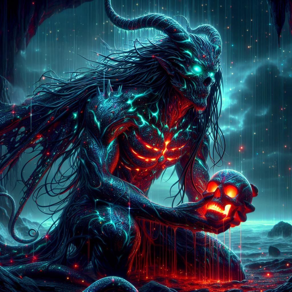 Bioluminescent Demon Shaman in Hyperrealistic Cartoon Style