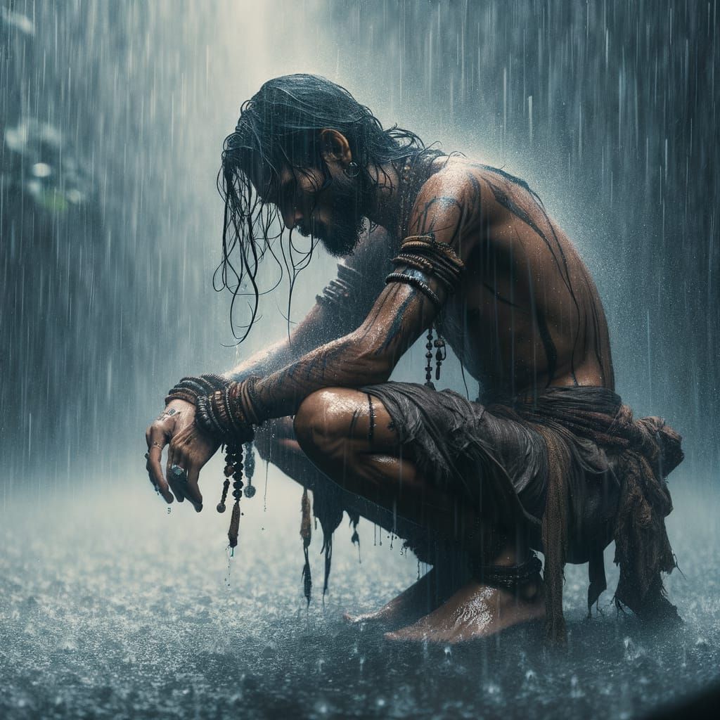 Resilient Man in Downpour: Hyper-Realistic Portrait