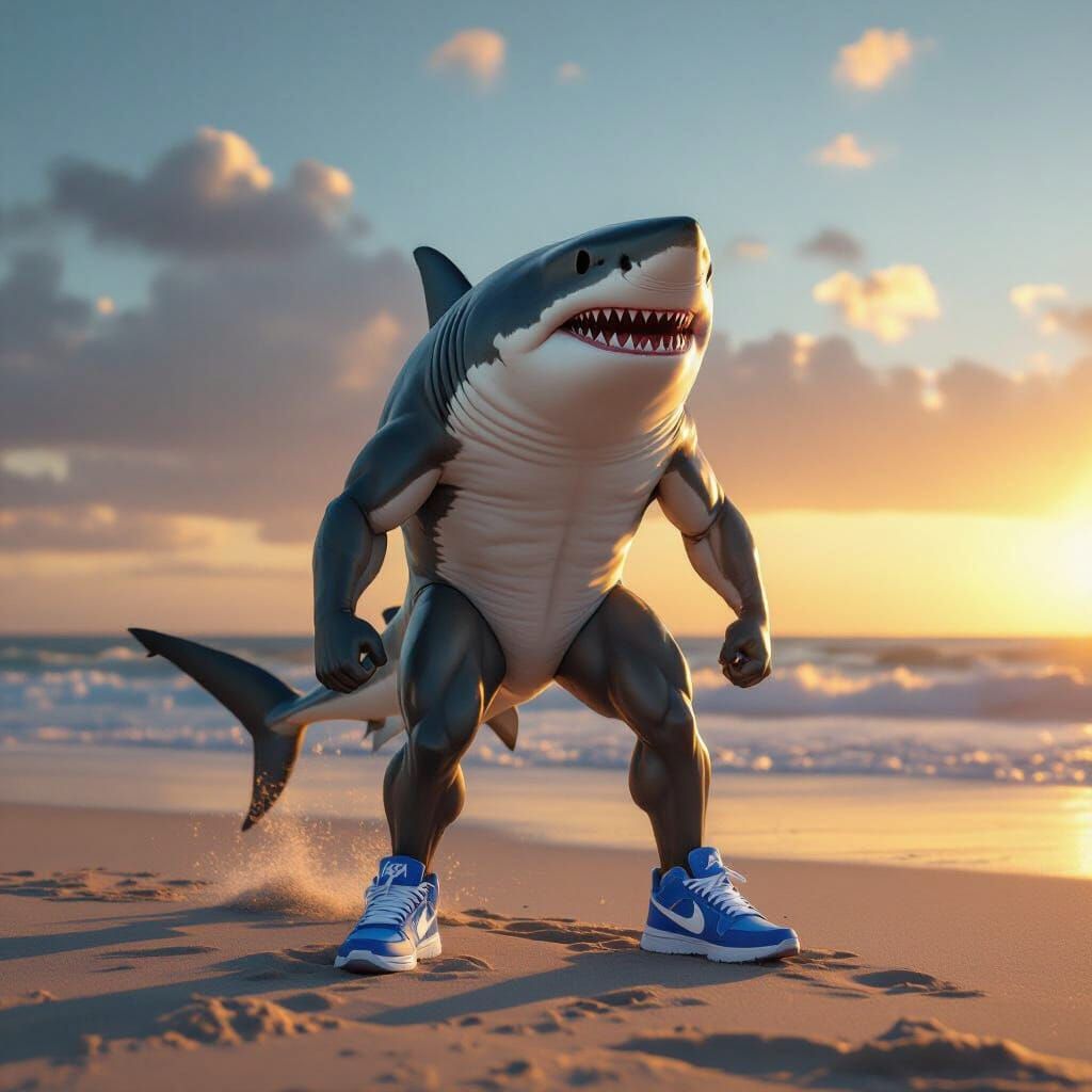 Shark with Legs Wearing Blue Nike Shoes on Beach