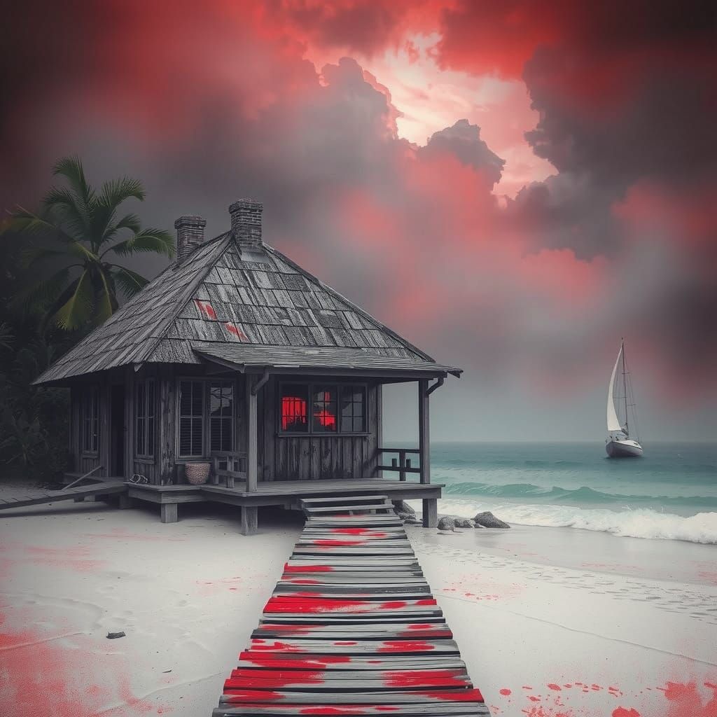 Rustic Hawaiian Seaside Shack Amidst a Bloody Sunset